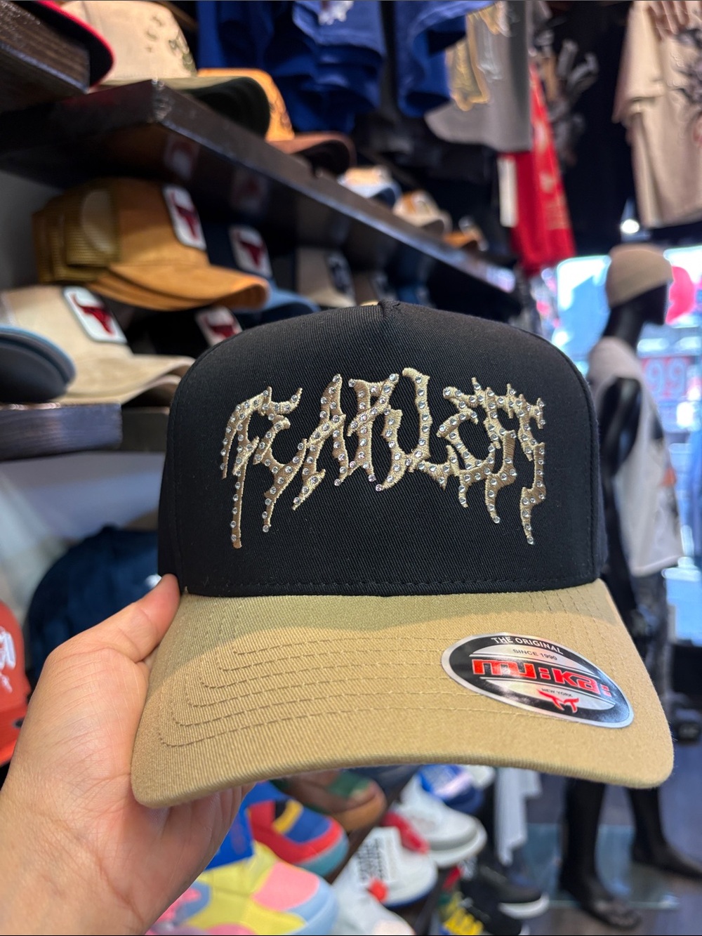 Black and Khaki Rhinestone Logo Snapback Hat